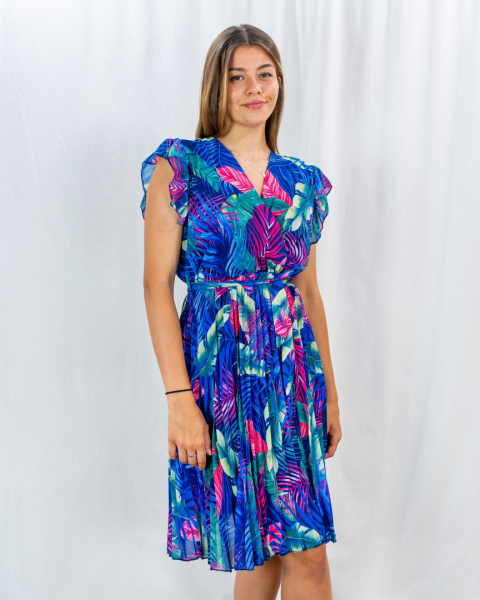 Ciemnoniebieska sukienka Diana w liście, z delikatnymi rękawkami i plisowanym dołem New Collection - MODA SANOK Ciemnoniebieska sukienka Diana w liście, z delikatnymi rękawkami i plisowanym dołem New Collection - MODA SANOK