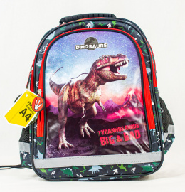 Czarny plecak w zielone dinozaury z dużą aplikacją tyranozaura na przodzie - MODA SANOK