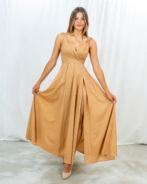 Piękna, długa, miedzianozłota sukienka maxi Paris na ramiączkach z brokatem Elizabeth - MODA SANOK