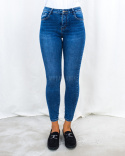 Dopasowane obcisłe jeansy w ciemnym kolorze z wysokim stanem i żółtą nicią MOON GIRL - MODA SANOK Dopasowane obcisłe jeansy w ciemnym kolorze z wysokim stanem i żółtą nicią MOON GIRL - MODA SANOK