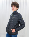 Kurtka VOLCANO męska w kolorze czarnym pikowana z wysokim kołnierzem i żółtymi napisami - MODA SANOK
