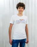 T-shirt VOLCANO męski bawełniany w kolorze białym z pomarańczowo-niebieskim nadrukiem - MODA SANOK T-shirt VOLCANO męski bawełniany w kolorze białym z pomarańczowo-niebieskim nadrukiem - MODA SANOK