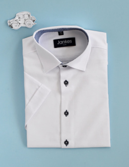 Biała koszula chłopięca z krótkim rękawem i granatowymi guzikami JANKES - MODA SANOK
