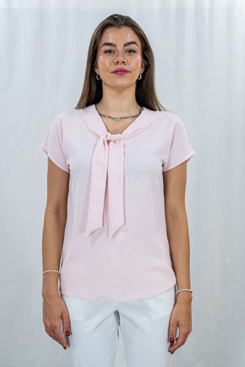 Elegancka bluzka z wiązaniem i krótkim rękawem w kolorze pudrowego różu ELITE - MODA SANOK