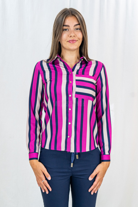 Elegancka koszula z długim rękawem w różówo-beżowo-granatowe paski PUR PURA - MODA SANOK
