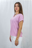 Elegancka różowa bluzka damska z dekoltem w serek MOD