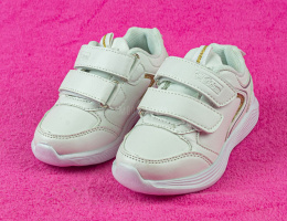 Buty sportowe dziecięce zapinane na rzepy w kolorze białym ze złotymi zdobieniami - MODA SANOK