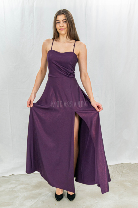 Długa, maxi wieczorowa, połyskująca sukienka w kolorze fioletowym z gorsetową górą NATHALIE - MODA SANOK Długa, maxi wieczorowa, połyskująca sukienka w kolorze fioletowym z gorsetową górą NATHALIE - MODA SANOK