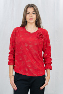 Elegancka czerwona bluzka w złote wzory z długim rękawem i różą przy dekolcie - MODA SANOK Elegancka czerwona bluzka w złote wzory z długim rękawem i różą przy dekolcie - MODA SANOK