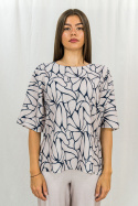 Beżowo granatowy elegancki damski komplet zwiewny, lekki spodnie + bluzka ERICO - MODA SANOK