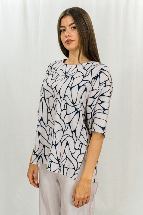 Beżowo granatowy elegancki damski komplet zwiewny, lekki spodnie + bluzka ERICO - MODA SANOK