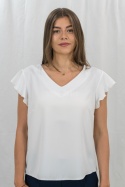 Biał elegancka bluzka damska z krótkim rękawem zakończonym falbanką oraz dekoltem w serek MADEX - MODA SANOK