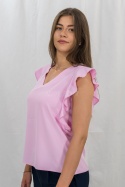 Jednokolorowa elegancka bluzka damska w kolorze pudrowego różu z motylkowym rękawem i dekoltem w serek PUR-PURA - MODA SANOK