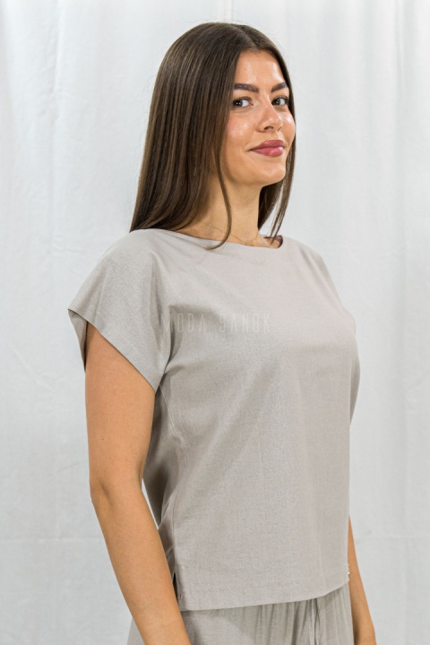 Zestaw damski komplet beżowy bluzka z krótkim rękawem i szerokie lużne spodnie na gumce BARTON - MODA SANOK
