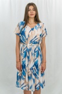 Elegancka wizytowa rozkloszowana kobieca sukienka za kolano, krótki rękaw z dekolem w literk V  NELLA- MODA SANOK