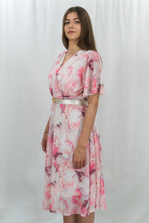 Różowa sukienka wyjściowa w kwiecistym wzorze MARISA - MODA SANOK