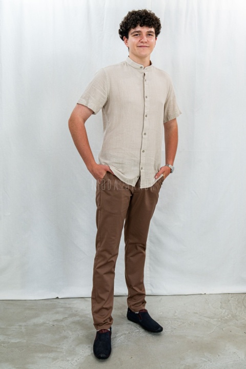 Bawełniana Koszula Męska ciemny beż z krótkim rękawem w kroju slim fit ESPADA MEN'S WEAR - MODA SANOK
