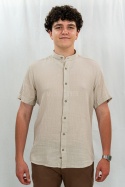 Bawełniana Koszula Męska ciemny beż z krótkim rękawem w kroju slim fit ESPADA MEN'S WEAR - MODA SANOK