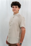 Bawełniana Koszula Męska ciemny beż z krótkim rękawem w kroju slim fit ESPADA MEN'S WEAR - MODA SANOK
