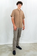 Bawełniana Koszula Męska brązowa z krótkim rękawem w kroju slim fit ESPADA MEN'S WEAR - MODA SANOK