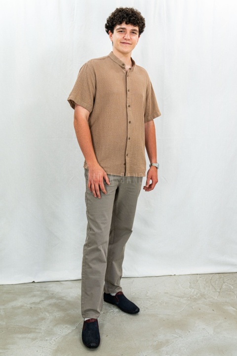 Bawełniana Koszula Męska brązowa z krótkim rękawem w kroju slim fit ESPADA MEN'S WEAR - MODA SANOK