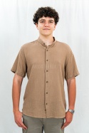 Bawełniana Koszula Męska brązowa z krótkim rękawem w kroju slim fit ESPADA MEN'S WEAR - MODA SANOK