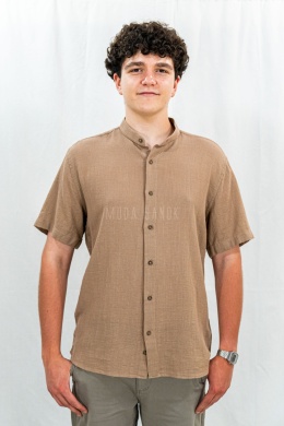 Bawełniana Koszula Męska brązowa z krótkim rękawem w kroju slim fit ESPADA MEN'S WEAR - MODA SANOK
