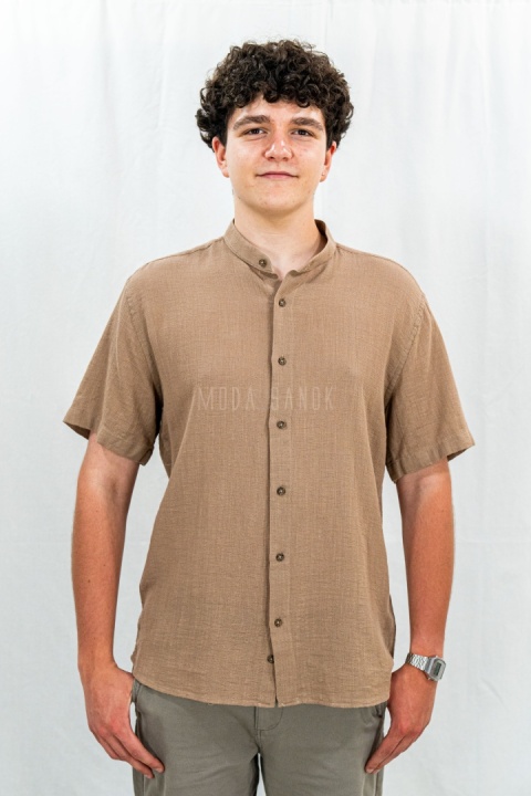 Bawełniana Koszula Męska brązowa z krótkim rękawem w kroju slim fit ESPADA MEN'S WEAR - MODA SANOK