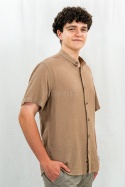 Bawełniana Koszula Męska brązowa z krótkim rękawem w kroju slim fit ESPADA MEN'S WEAR - MODA SANOK