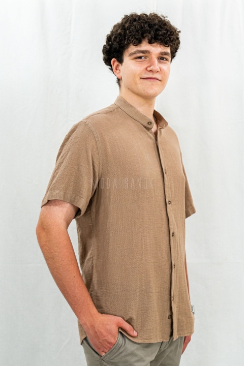 Bawełniana Koszula Męska brązowa z krótkim rękawem w kroju slim fit ESPADA MEN'S WEAR - MODA SANOK