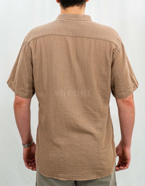 Bawełniana Koszula Męska brązowa z krótkim rękawem w kroju slim fit ESPADA MEN'S WEAR - MODA SANOK
