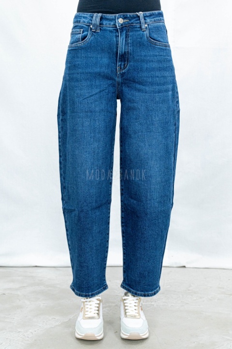 Damskie ciemnoniebieskie spodnie typu balloon jeans z wysokim stanem - MODA SANOK