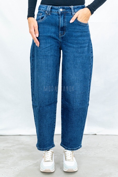 Damskie ciemnoniebieskie spodnie typu balloon jeans z wysokim stanem - MODA SANOK