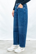 Damskie ciemnoniebieskie spodnie typu balloon jeans z wysokim stanem - MODA SANOK