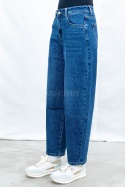 Damskie ciemnoniebieskie spodnie typu balloon jeans z wysokim stanem - MODA SANOK