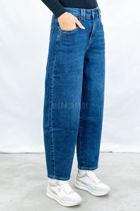 Damskie ciemnoniebieskie spodnie typu balloon jeans z wysokim stanem - MODA SANOK