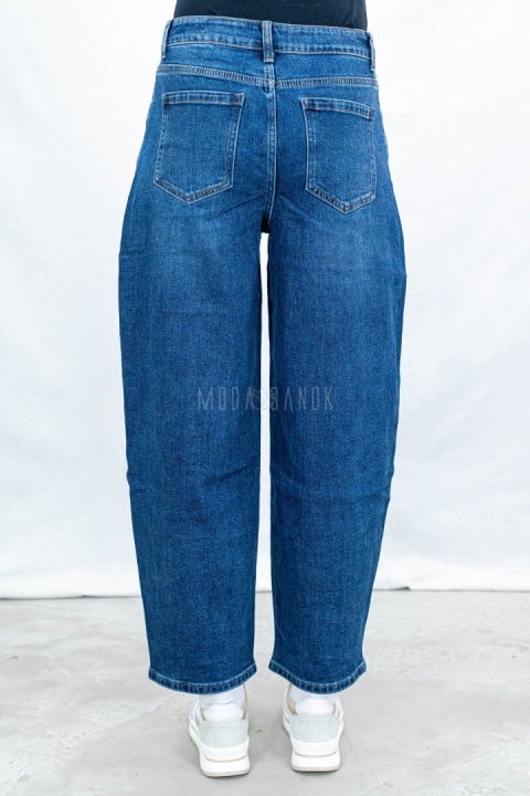 Damskie ciemnoniebieskie spodnie typu balloon jeans z wysokim stanem - MODA SANOK