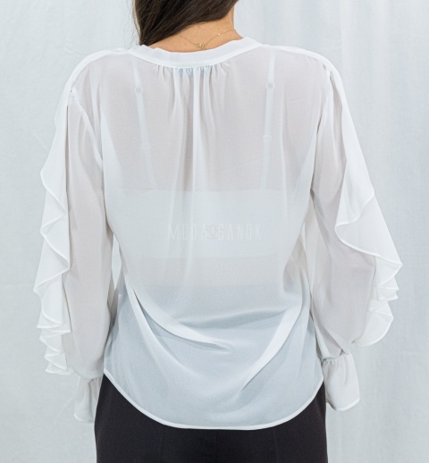 Elegancka biała bluzka z falbanami -Moda Sanok 