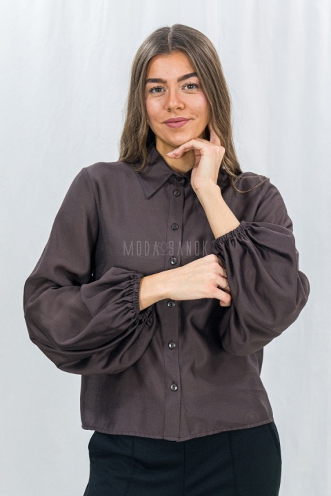 Elegancka koszula damska z długim rękawem – ciemny brąz-Moda Sanok