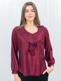 Elegancka bordowa bluzka z połyskiem i falbaną-Moda Sanok