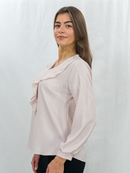 Elegancka łososiowa bluzka z połyskiem i falbaną-Moda Sanok