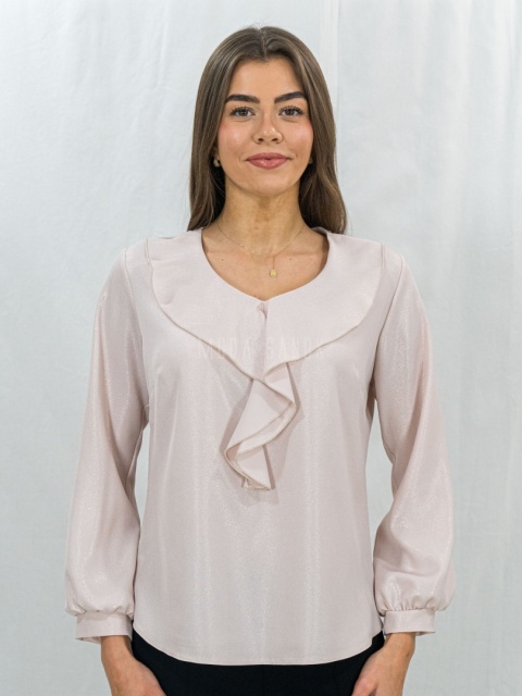 Elegancka łososiowa bluzka z połyskiem i falbaną-Moda Sanok