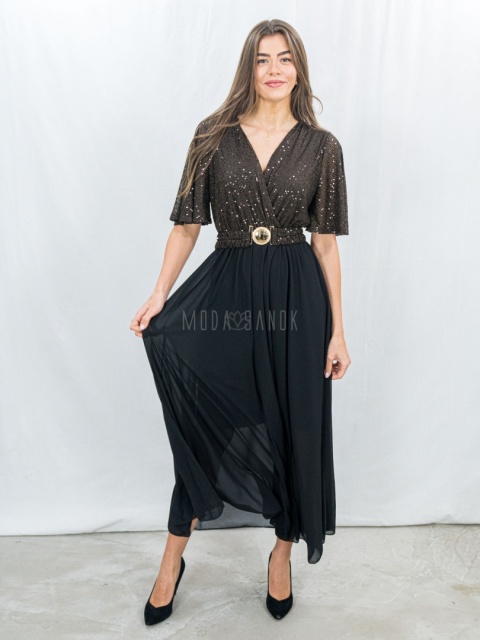 Elegancka sukienka z cekinową brązową górą i zwiewnym dołem – rozmiar uniwersalny Moda Sanok 
