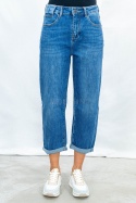 Spodnie damskie mom jeans ciemnoniebieskie z wysokim stanem - MODA SANOK
