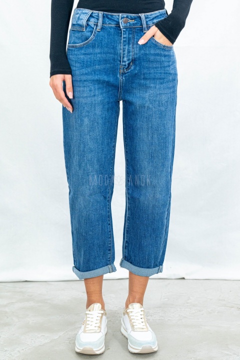 Spodnie damskie mom jeans ciemnoniebieskie z wysokim stanem - MODA SANOK