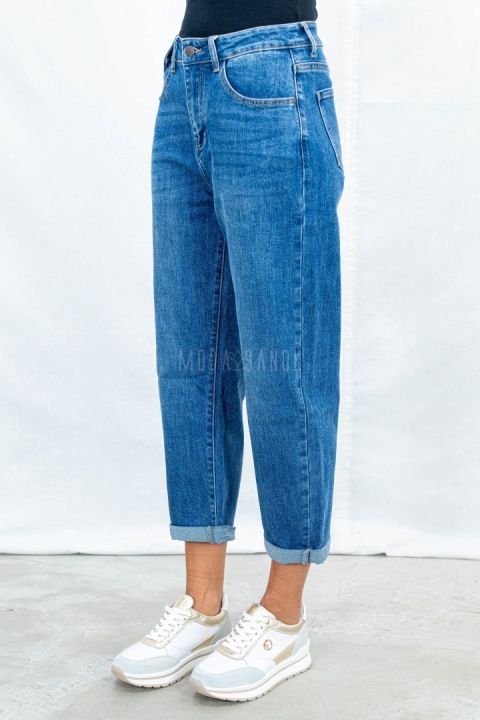 Spodnie damskie mom jeans ciemnoniebieskie z wysokim stanem - MODA SANOK