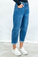 Spodnie damskie mom jeans ciemnoniebieskie z wysokim stanem - MODA SANOK