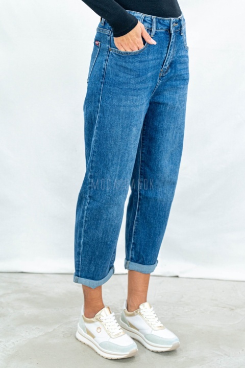 Spodnie damskie mom jeans ciemnoniebieskie z wysokim stanem - MODA SANOK