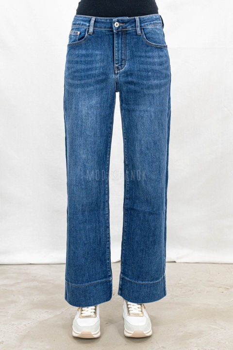 Spodnie jeansowe damskie regular fit z prostą nogawką w kolorze ciemno niebieskim - MODA SANOK