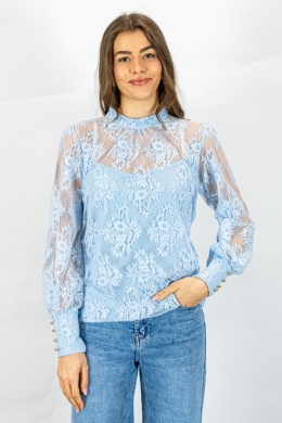 Elegancka koronkowa bluzka w kolorze błękitnym z długim rękawem i stójką - MODA SANOK
